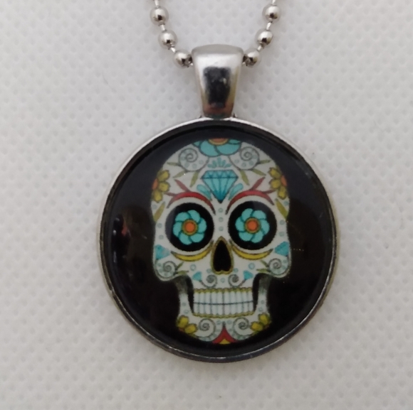 Handmade Sugar Skull Necklace on 1" Cabochon Pendant on 30" Ballbead Chain - Picture 1 of 5